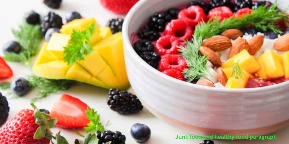 Junk food and healthy food comparison with healthy fruits and processed foods