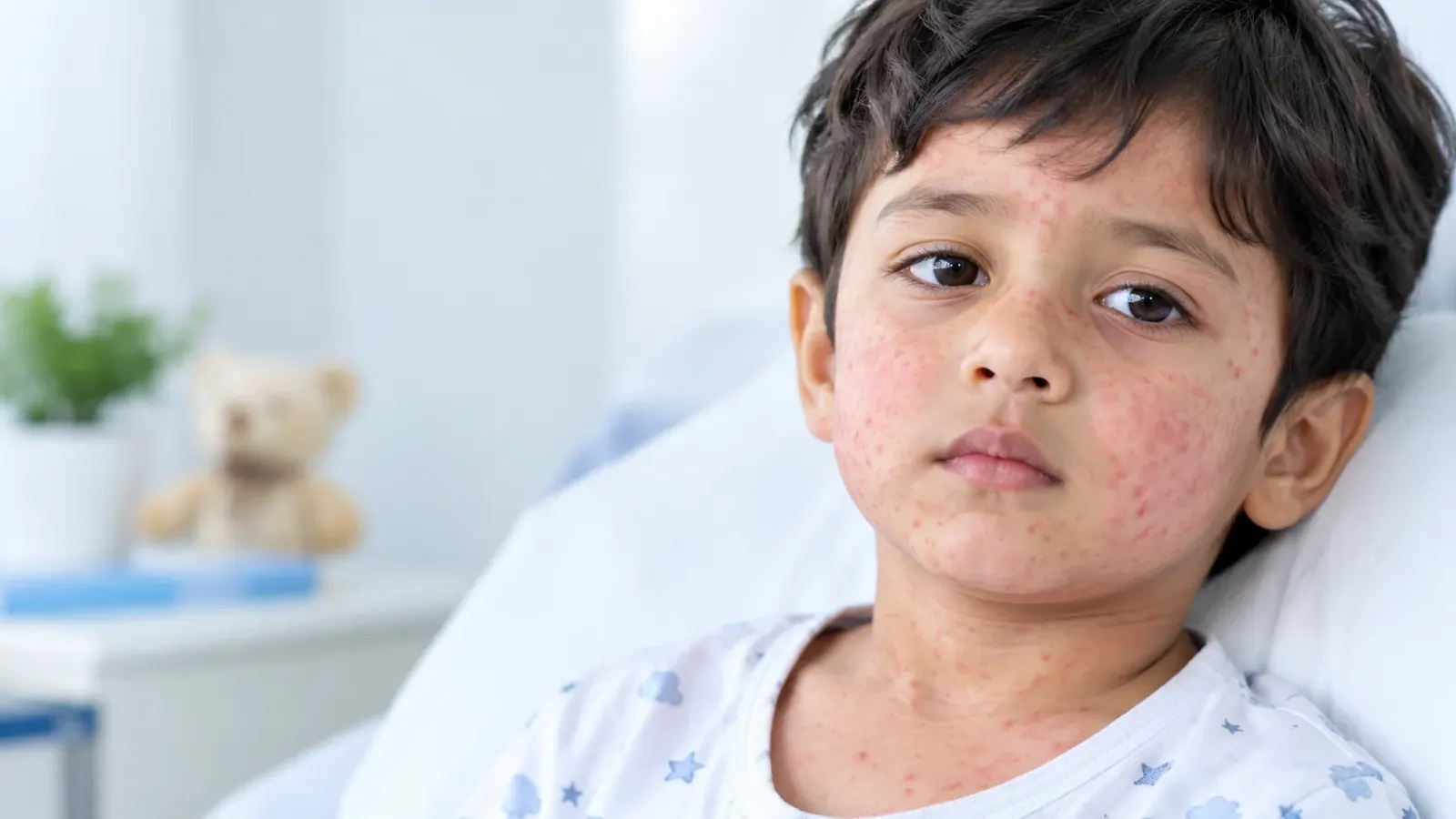 Child with measles rash on face and neck