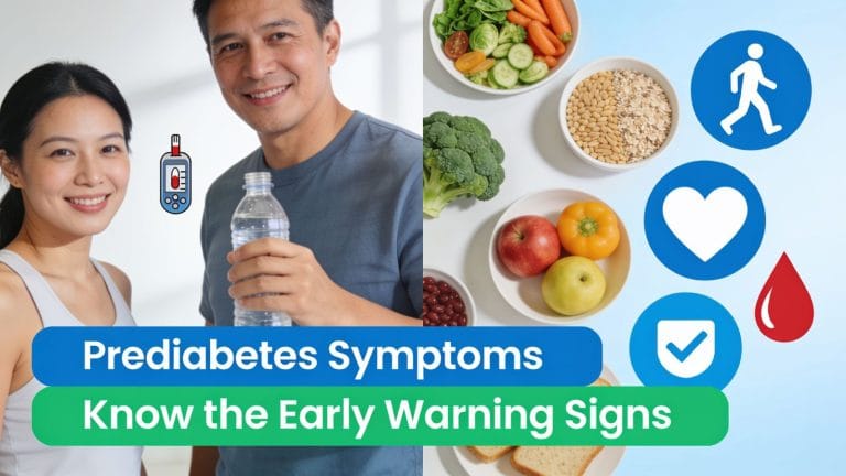 Illustration showing early prediabetes symptoms with healthy lifestyle and blood sugar awareness.