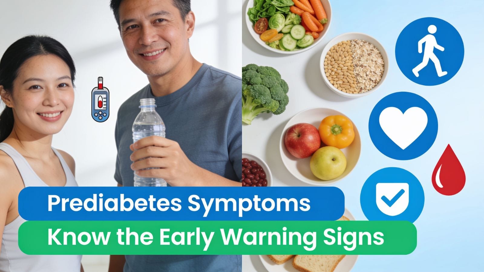 Illustration showing early prediabetes symptoms with healthy lifestyle and blood sugar awareness.