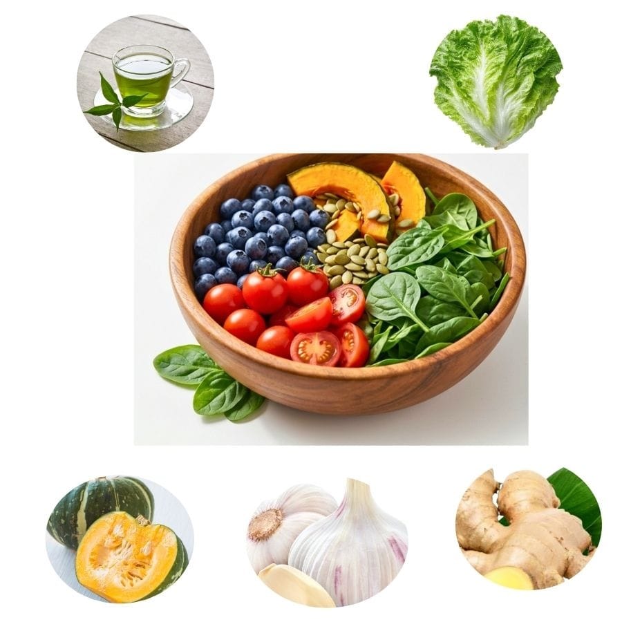 Colorful antioxidant-rich foods including pumpkin, garlic, ginger, leafy greens, and green tea for respiratory wellness.