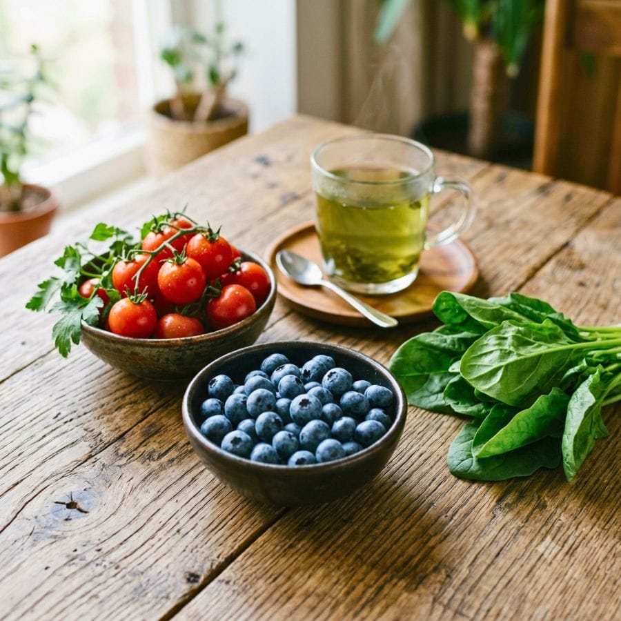 Best foods that support healthy lungs naturally, including berries, tomatoes, leafy greens, and green tea.