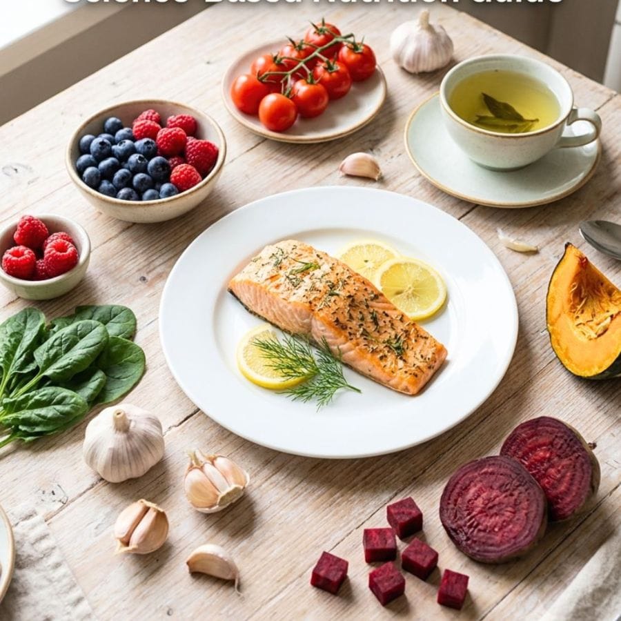 Balanced meal with salmon, leafy greens, whole grains, and vegetables for healthy breathing and respiratory wellness.