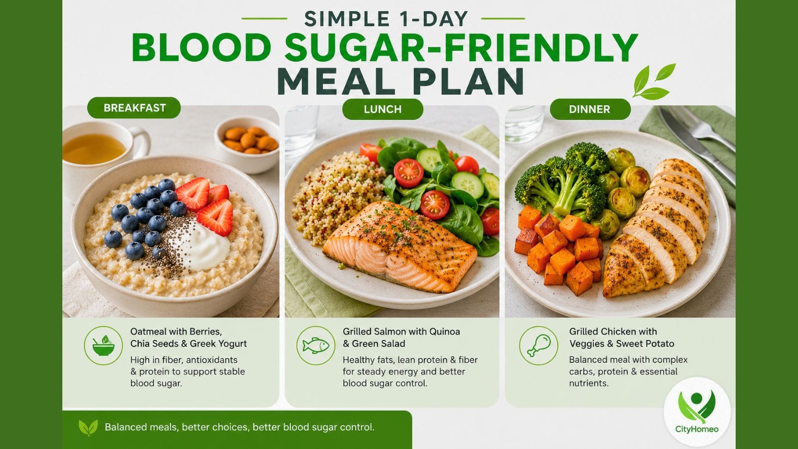One-day blood sugar-friendly meal plan featuring oatmeal, berries, Greek yogurt, salmon, quinoa, vegetables, chicken, and sweet potato